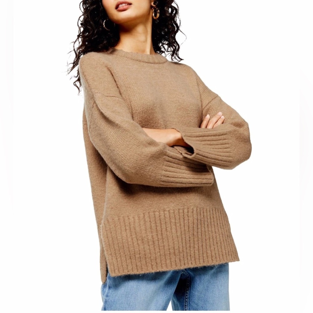 NWOT Topshop Women's Size 12 Supersoft Deep Hem Crewneck Sweater In Camel